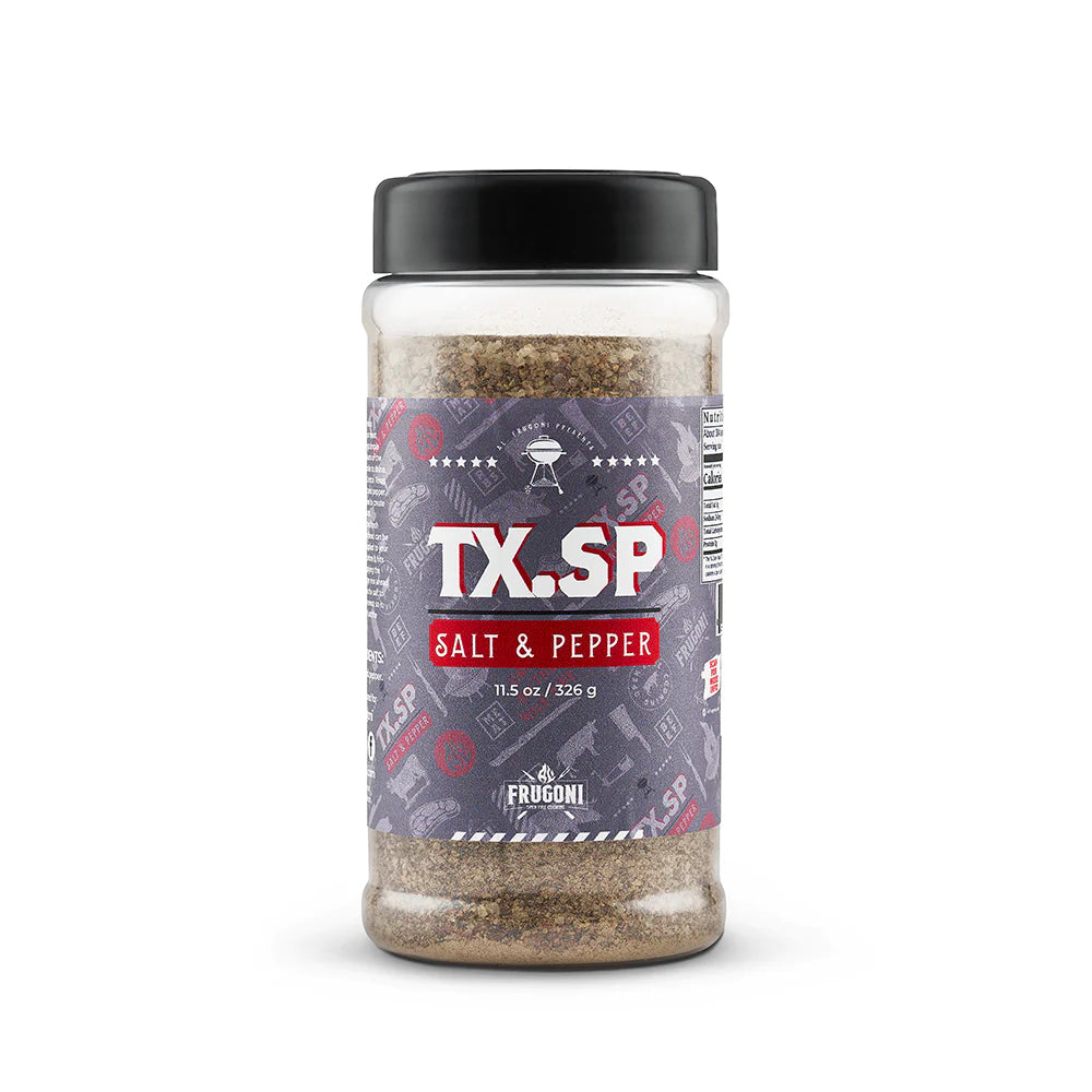A container of 'TX.SP Salt & Pepper' seasoning, labeled with the brand and description. The container holds 11.5 ounces (326 grams) of the seasoning.