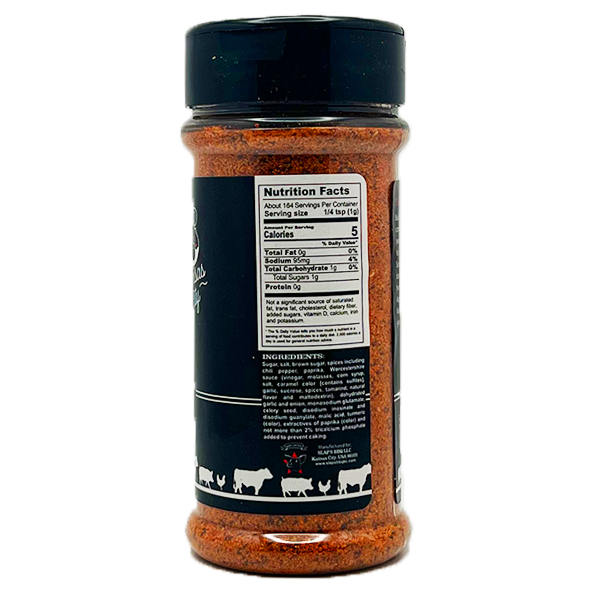 The back view of a bottle of Slap's BBQ seasoning. It shows the nutritional facts and ingredients list. The label indicates there are about 164 servings per container, with each serving size being 1/4 teaspoon (1 gram). The bottom of the label features illustrations of various animals.