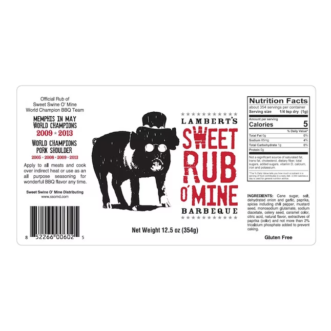 The full label of Lambert's Sweet Rub O' Mine Barbeque showing nutrition facts and ingredients. The label includes accolades such as "Memphis in May World Champions 2009 & 2013" and "World Champions Pork Shoulder 2005, 2008, 2009, 2013." It also features the same illustration of a pig wearing sunglasses and a hat, along with detailed product information and serving suggestions.