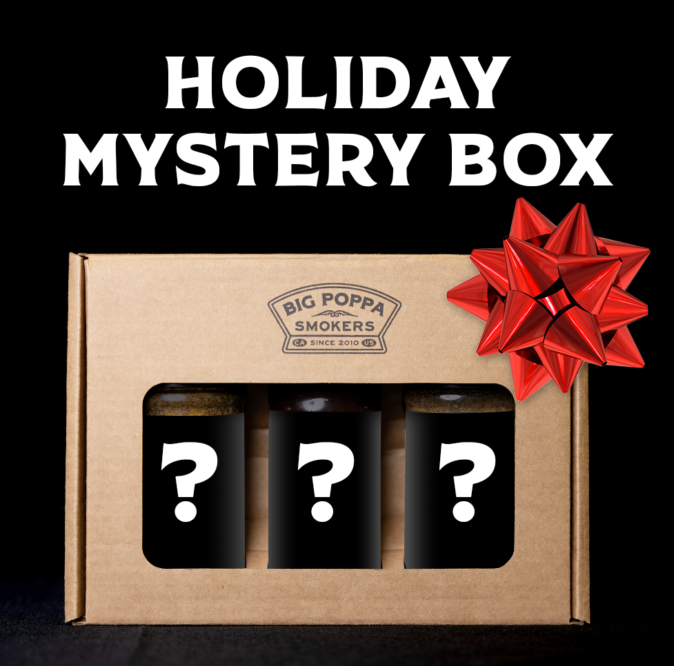 Big Poppa Smokers mystery box with question marks and a red bow on a black background