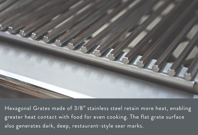 Close-up of hexagonal grill grates made of 3/8” stainless steel, designed to retain more heat and generate dark, deep, restaurant-style sear marks.