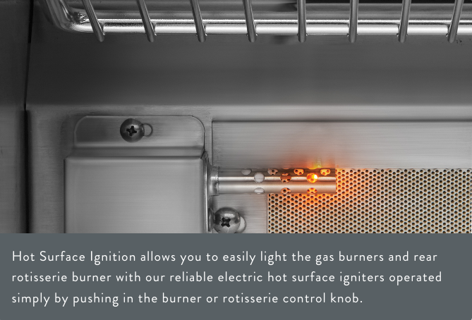 Close-up of a hot surface ignition system in a grill, showing a small orange flame and the components that enable easy lighting of gas burners and the rotisserie burner.