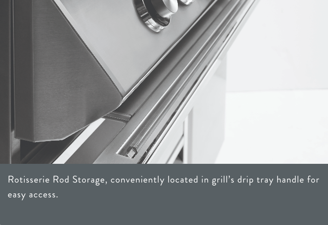 Close-up of rotisserie rod storage in a grill, conveniently located in the grill’s drip tray handle for easy access.