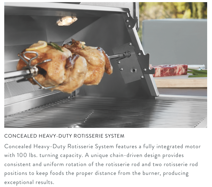 Rotisserie system in action inside a grill, featuring a concealed heavy-duty motor with 100 lbs. turning capacity and a chain-driven design for consistent rotation.