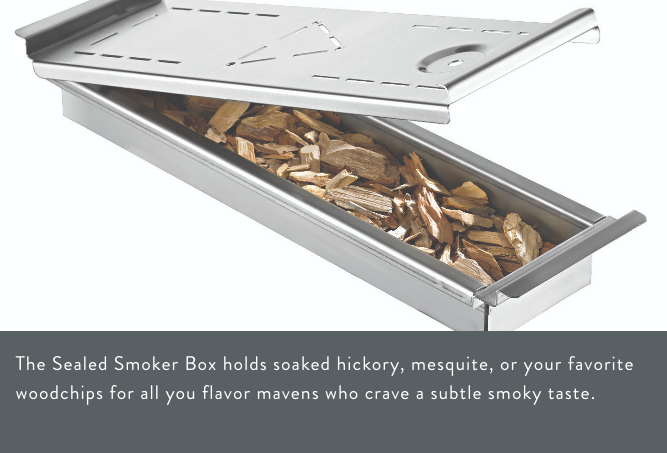 Sealed smoker box filled with wood chips, designed to hold soaked hickory, mesquite, or other woodchips for a subtle smoky taste in grilled foods.