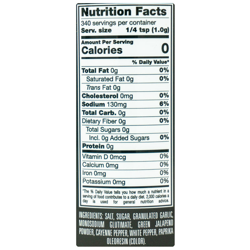 Nutrition facts label for 'Your Behind BBQ Arizona Cajun Rub.' Contains 340 servings per container, serving size 1/4 tsp (1.0g), 0 calories per serving. Key nutrients: 0g total fat, 0mg cholesterol, 130mg sodium (6% DV), 0g total carbs, 0g protein. Ingredients include salt, sugar, granulated garlic, and other spices.