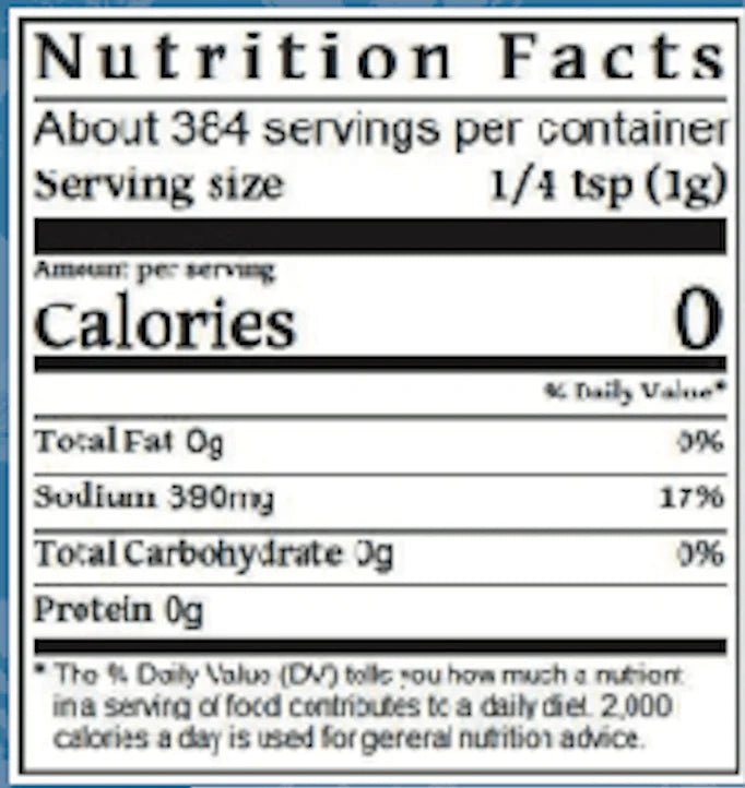 A close-up of the nutrition facts label for Frugoni Salt Parrillera. It shows 0 calories per serving, 0g total fat, 390mg sodium, 0g total carbohydrates, and 0g protein per 1/4 teaspoon (1g) serving.