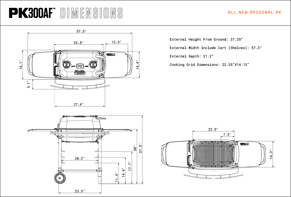 Dimensions diagram of a PK Franklin charcoal grill, showing measurements for width, height, and depth. The diagram includes detailed labels for various parts of the grill, providing an overall understanding of its size and structure.