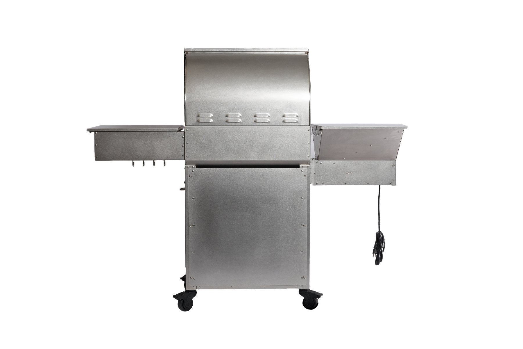 A stainless steel grill with a closed lid, showing a front view. It features side shelves and a storage compartment below the main cooking area. The grill has caster wheels for mobility.