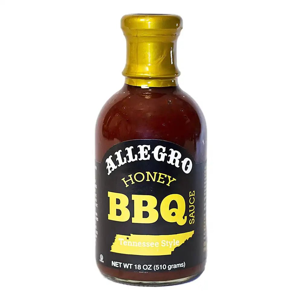 Bottle of Allegro Honey BBQ Sauce, Tennessee Style, with yellow cap and bold yellow label, 18 oz.