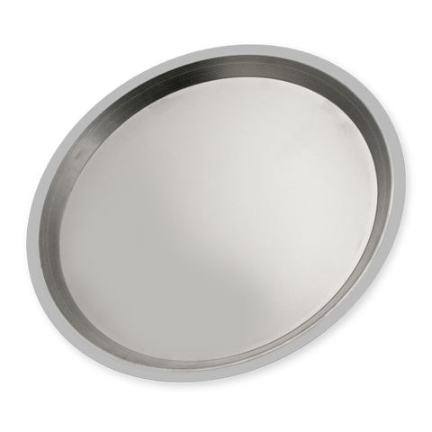 A circular ash catcher plate made of shiny aluminum, with a raised edge and smooth, reflective surface.