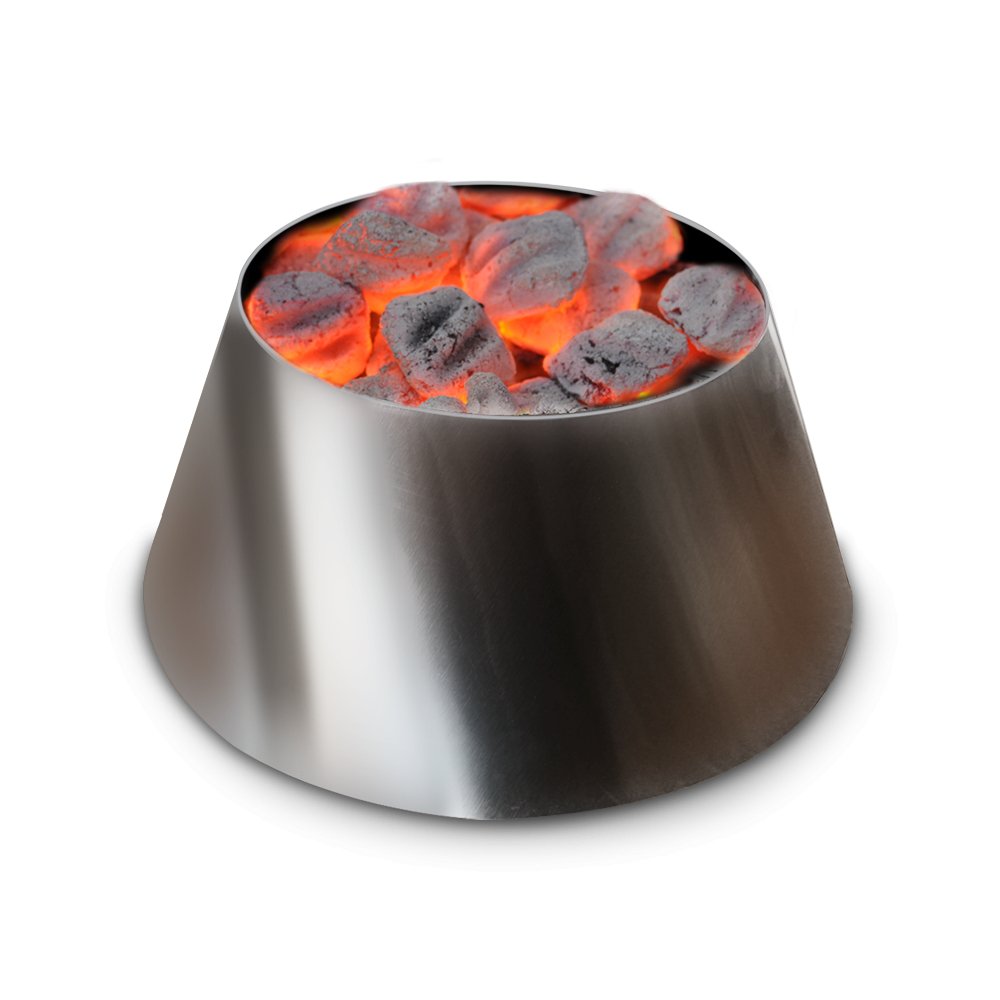 BBQ Vortex Small, stainless steel grilling accessory for even heat distribution and enhanced cooking results in BBQ smokers and grills.  This vortex that features the charcoal illustrates how it works to allow for a hotter and longer burn.