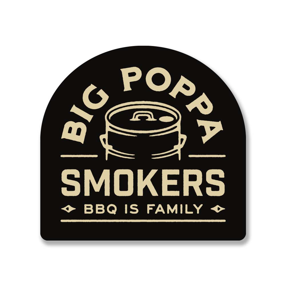 Close-up image of the Big Poppa Smokers "BBQ is Family" black sticker. The sticker features bold white lettering with the phrase "BBQ is Family" and the Big Poppa Smokers logo underneath. It has a sleek, durable design suitable for outdoor and indoor use, perfect for showcasing BBQ pride. Displayed on a plain background.