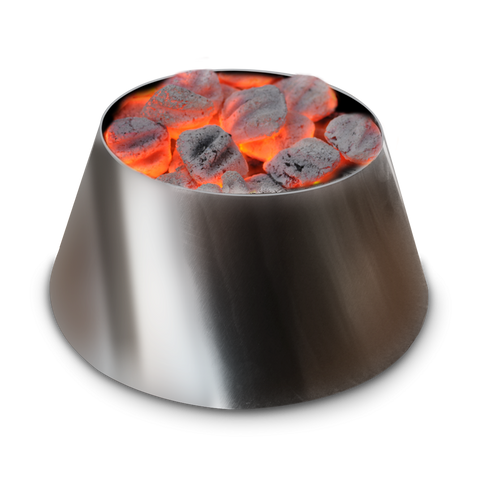 Inverted cone-shaped stainless steel BBQ Vortex glowing with orange, lit charcoal inside, showcasing a bright and intense heat source for grilling.