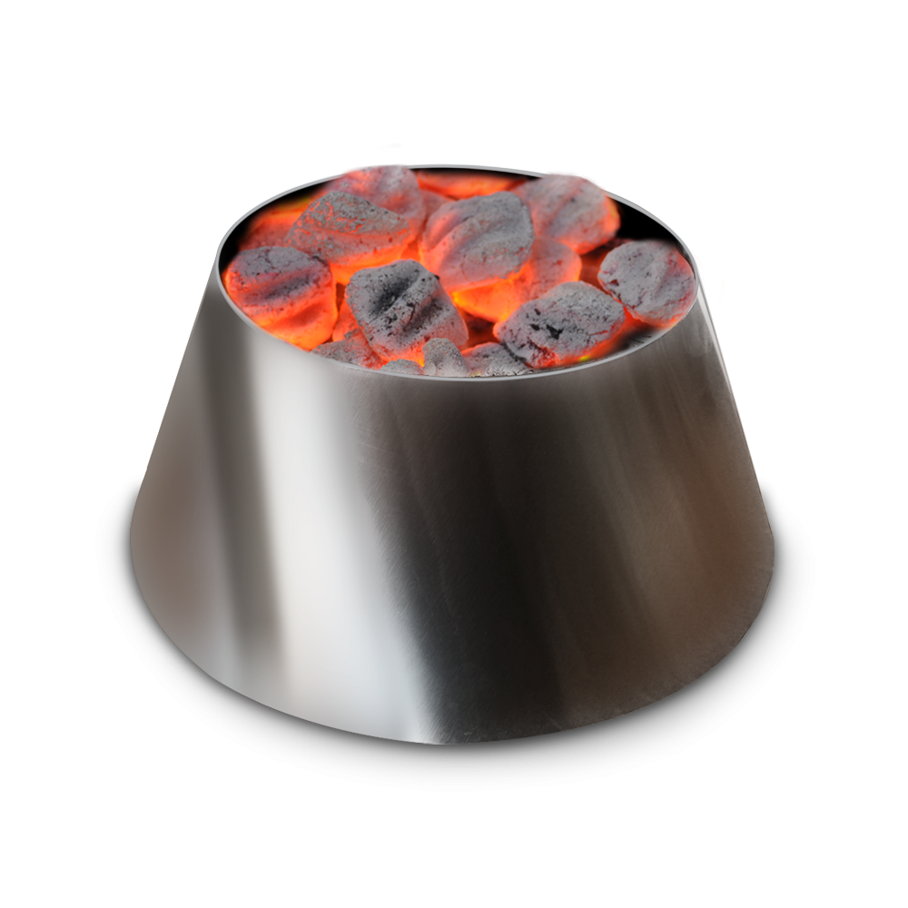 BBQ Vortex Small, stainless steel grilling accessory for even heat distribution and enhanced cooking results in BBQ smokers and grills.  This vortex that features the charcoal illustrates how it works to allow for a hotter and longer burn.