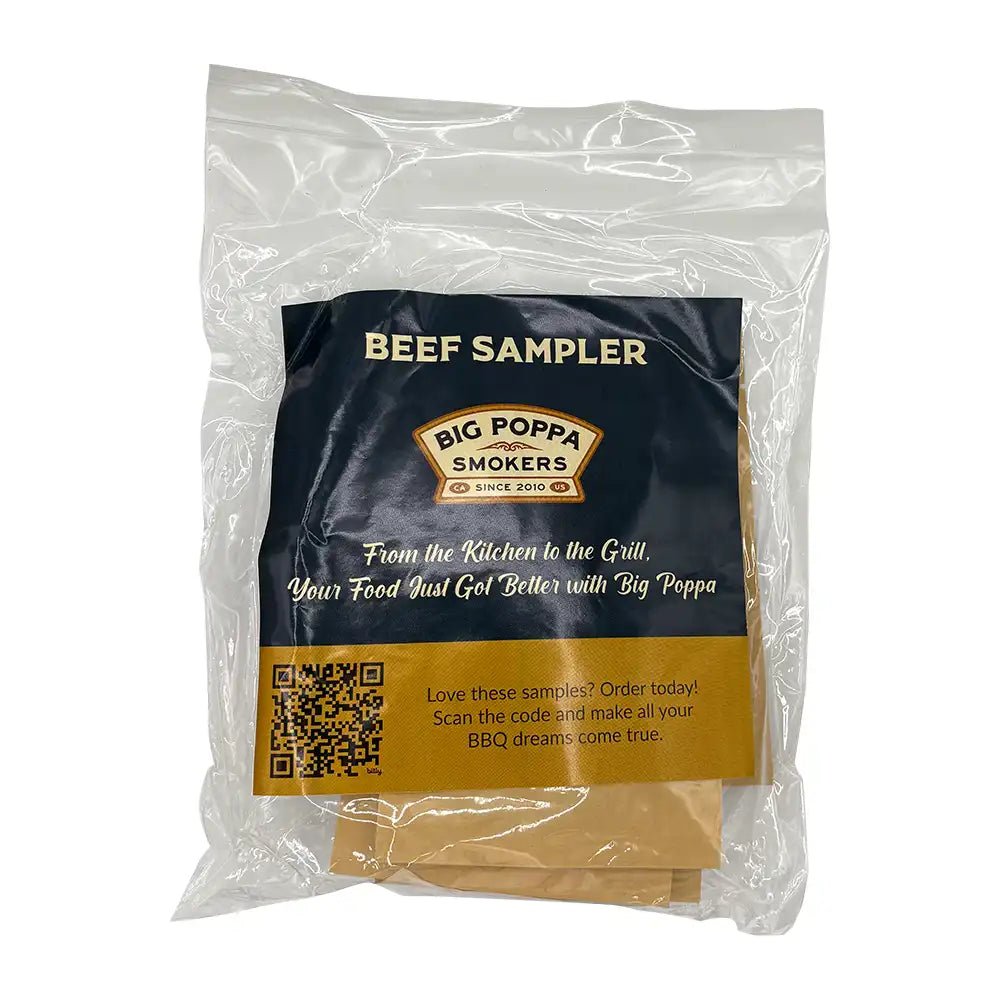 Big Poppa Smokers Beef Sampler pack in a clear bag with branded label and QR code for ordering.