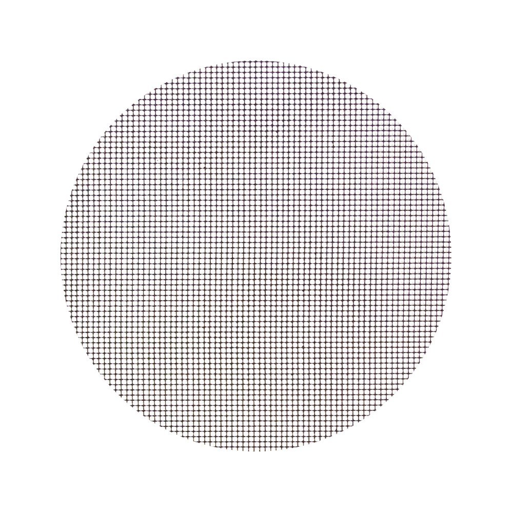 A circular barbecue grill mesh mat. The mat features a tightly woven, fine mesh pattern in white, designed to prevent food from slipping through while ensuring even heat distribution during grilling.