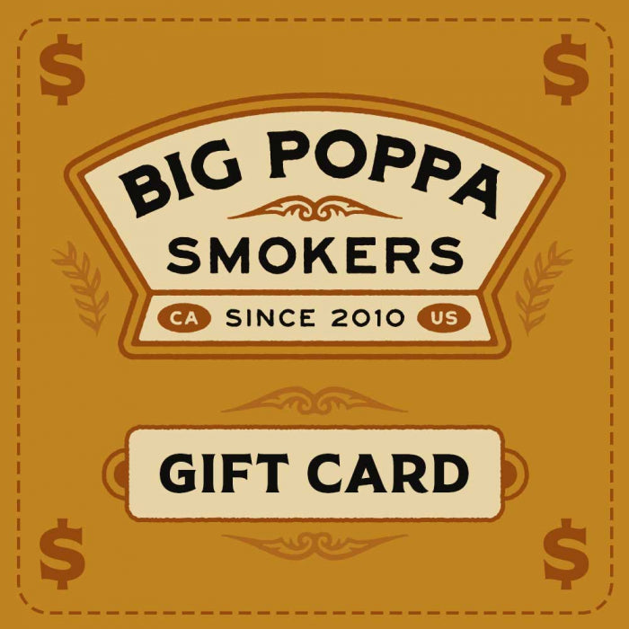 Digital gift card for Big Poppa Smokers, featuring a vintage Western style design in warm brown and tan colors. The card displays the Big Poppa Smokers logo with a decorative swirl underneath, framed by a banner stating 'CA Since 2010 US'. Below the logo, the words 'Gift Card' are prominently displayed, surrounded by dollar sign decorations and a stitched border.