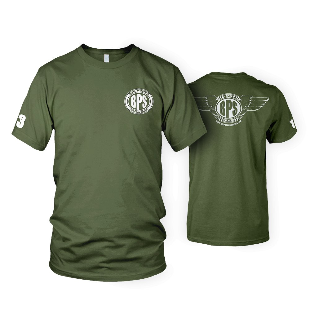 Two views of an olive green t-shirt, shown front and back. The front features a small circular logo with 'BPS' in bold surrounded by 'Big Poppa Smokers' text on the chest. The back of the shirt displays a larger version of the logo with stylized wings extending from the circle, and the number '13' printed on the right sleeve