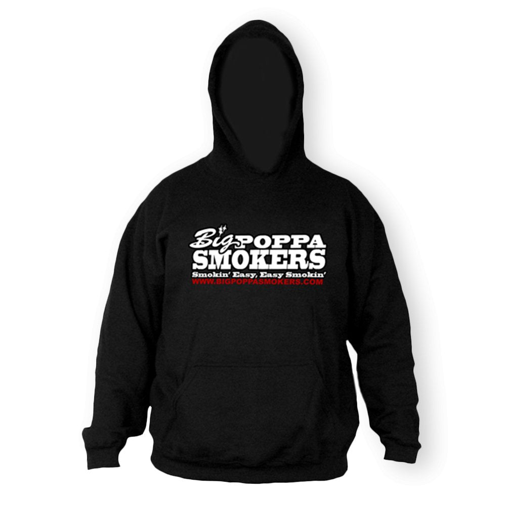 A black hoodie with a large white logo of 'Big Poppa Smokers' across the chest. The logo includes the text 'Smokin' Easy, Easy Smokin'' and the website URL 'www.bigpoppasmokers.com' below it. The hoodie features a front pouch pocket and an adjustable drawstring hood.