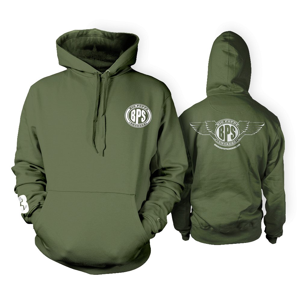 An olive green hoodie displayed in both front and back views. The front features a circular white logo with 'BPS' in the center on the chest, and the number '13' on the left sleeve. The back of the hoodie showcases a larger white logo with stylized wings extending from a circle around 'BPS'. The hoodie includes a front pouch pocket and adjustable drawstrings.