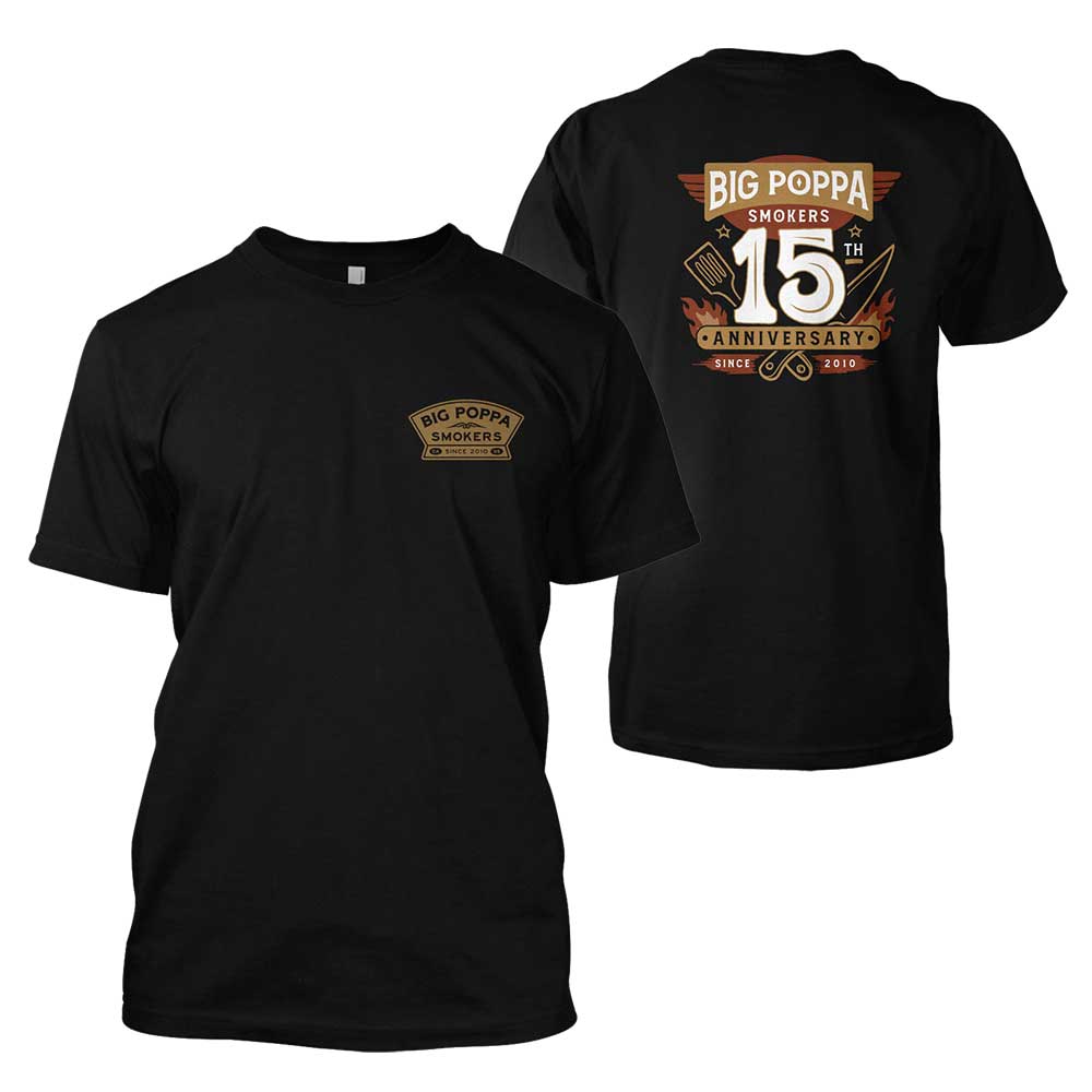 Big Poppa Smokers 15th Anniversary T-Shirt with bold BBQ design, limited-edition gear for backyard cooks and BBQ competitors