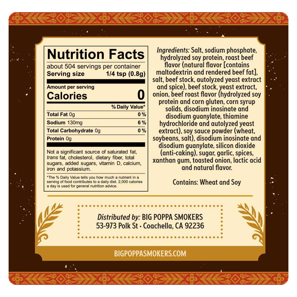 Detailed nutrition facts label on a maroon background with golden and orange tribal patterns. The label lists zero calories per serving and includes ingredients like salt, sodium phosphate, and hydrolyzed soy protein.