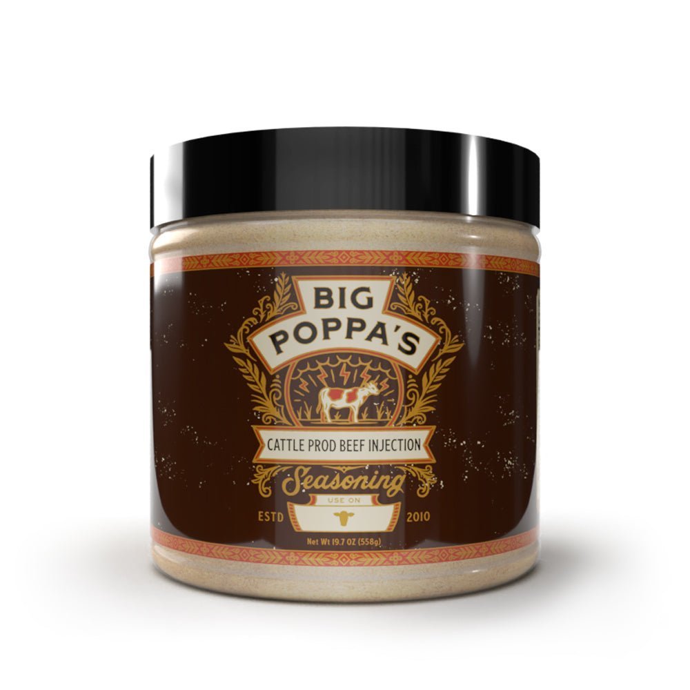 Big Poppa's Cattle Prod Beef Injection Seasoning in a clear bottle with a maroon label featuring white and gold text.
