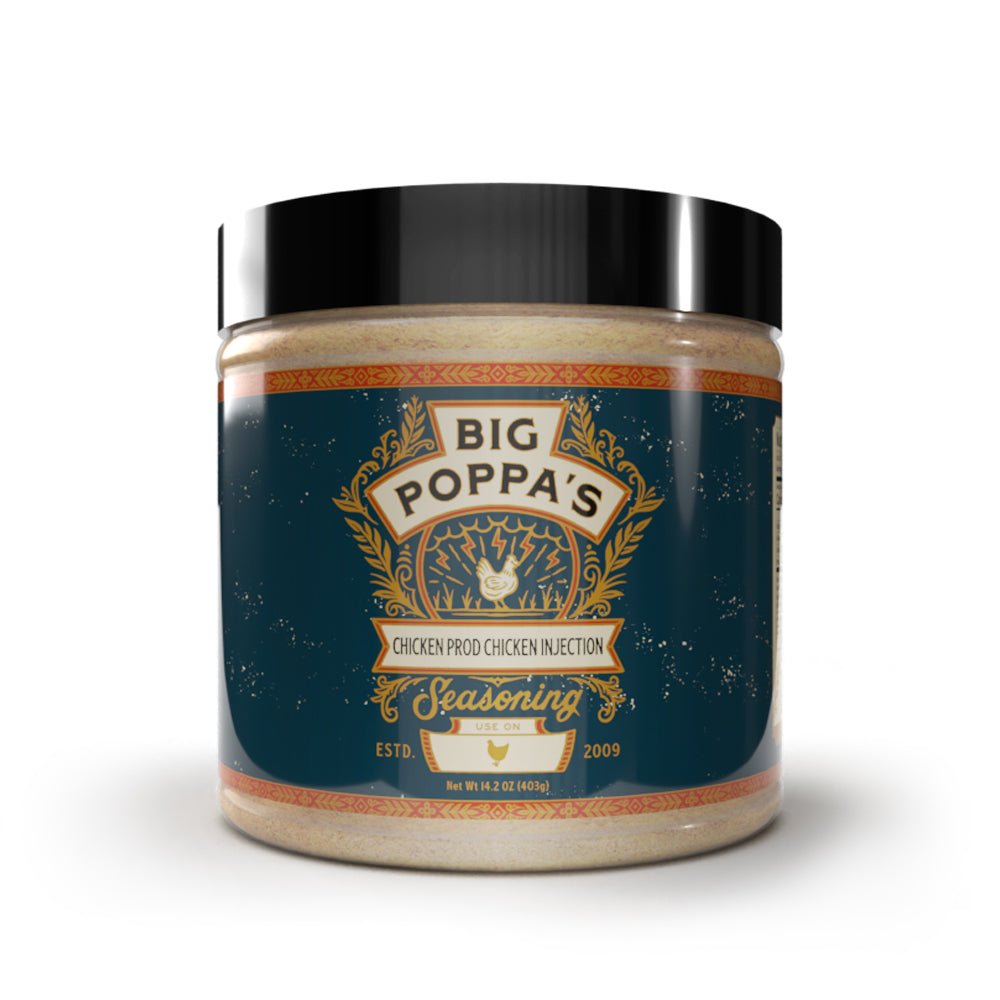 A bottle of 'Big Poppa's Chicken Prod Chicken Injection Seasoning' with a dark teal label adorned with golden and red tribal patterns, featuring a poultry graphic and stating its establishment in 2009.