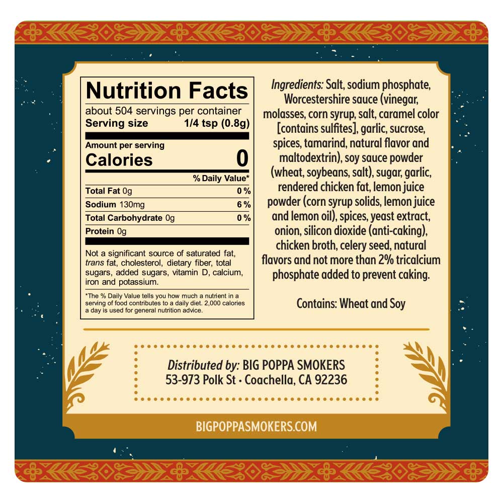 A nutrition facts label on a golden background with a red and green tribal pattern border. It details 0 calories per serving, and ingredients like Worcestershire sauce, garlic, and lemon juice powder.