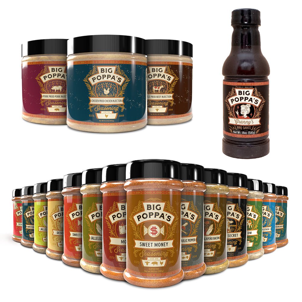 Big Poppa Smokers collection featuring various seasoning jars, injection mixes, and a bottle of Granny's BBQ sauce