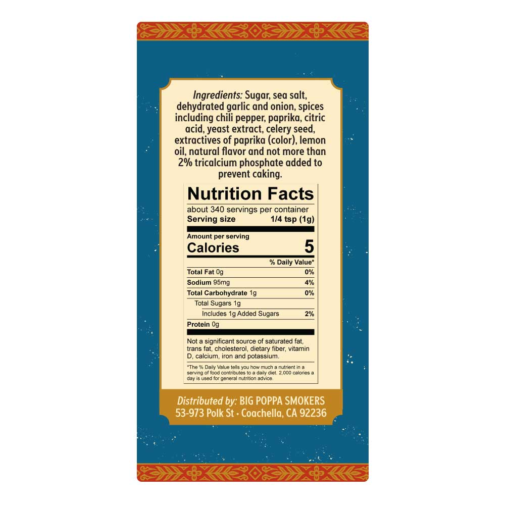 Nutrition facts label for a seasoning blend, indicating 5 calories per 1/4 teaspoon serving. Ingredients include sugar, sea salt, dehydrated garlic and onion, among others. The label background is teal with a red and gold tribal border.