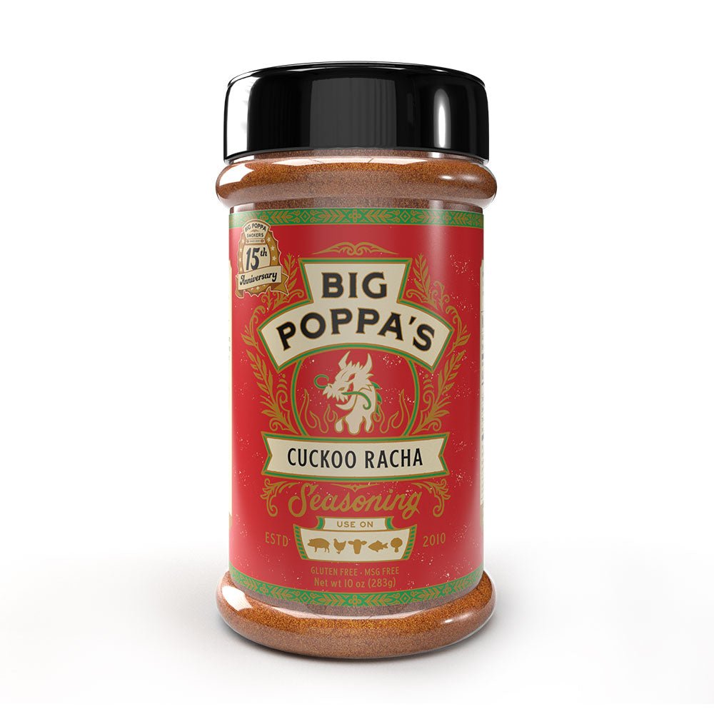 A jar of Big Poppa's Cuckoo Racha seasoning with a red and green label.