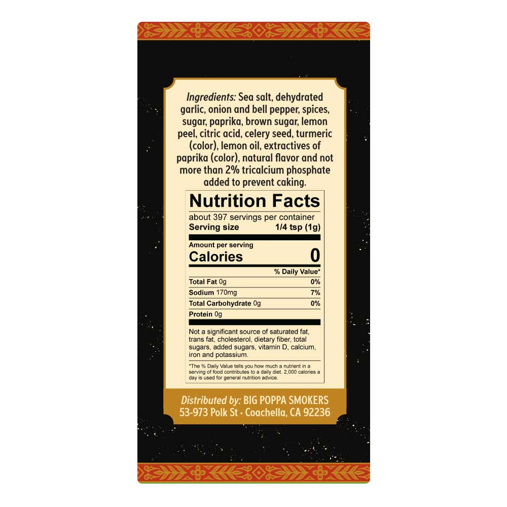 The back label of Big Poppa's Double Secret Seasoning bottle, detailing the ingredients and nutritional facts. Ingredients include sea salt, dehydrated garlic, onion, bell pepper, spices, sugar, paprika, brown sugar, lemon peel, citric acid, celery seed, turmeric, lemon oil, and natural flavor. The label also lists nutritional information per serving.