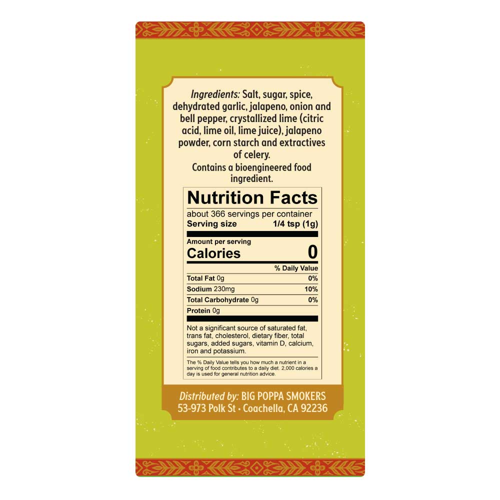 Detailed label showing ingredients and nutrition facts for Jallelujah Lime Seasoning. Includes crystallized lime, dehydrated garlic, and jalapeño among other spices, framed by ornate red and yellow patterns on a green background.