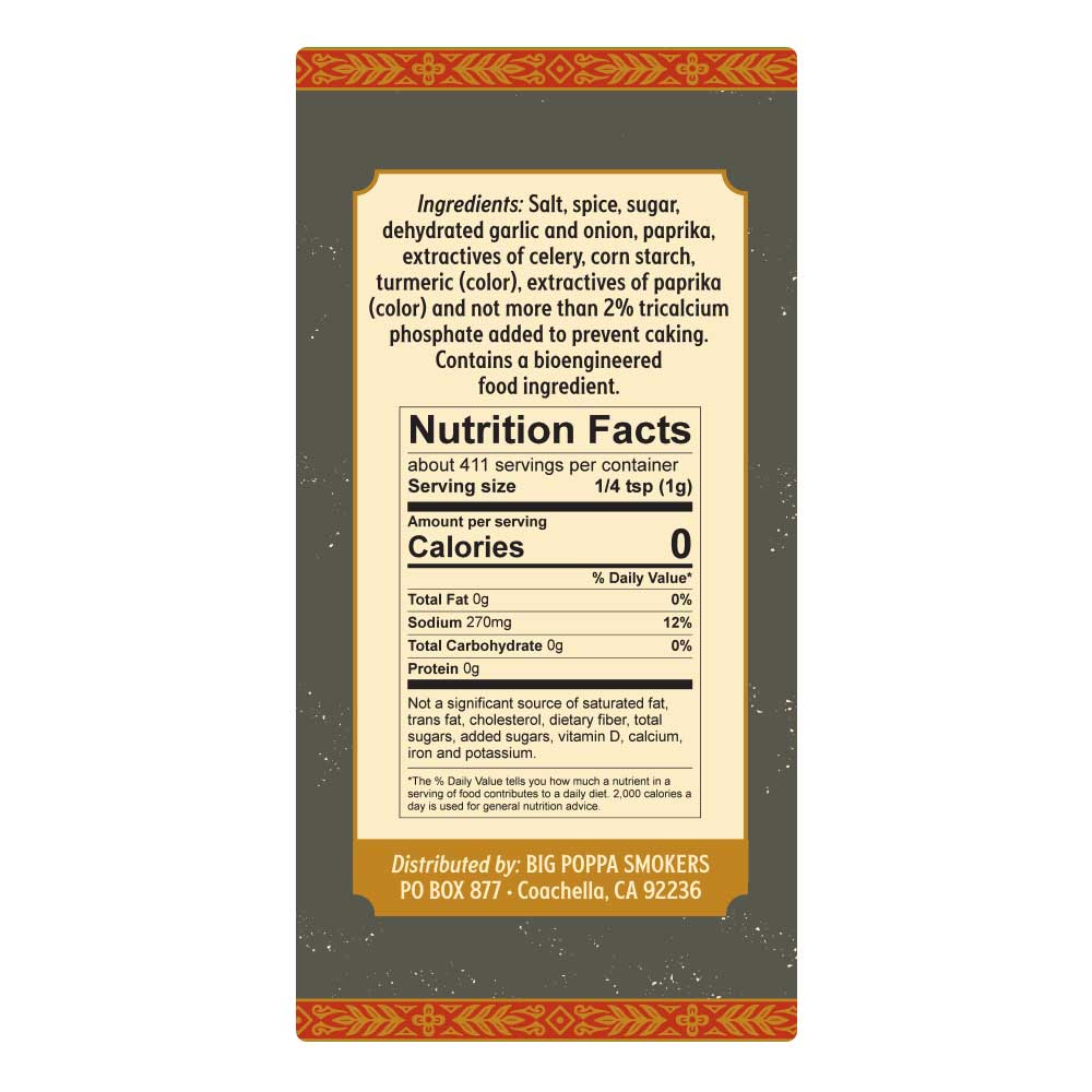 The back of a jar of Big Poppa's Little Louie's Garlic Pepper Seasoning showing the nutrition facts label. The label indicates the ingredients and nutritional information, including 0 calories per 1/4 teaspoon serving, 270mg of sodium, and no fat, carbohydrates, or protein.