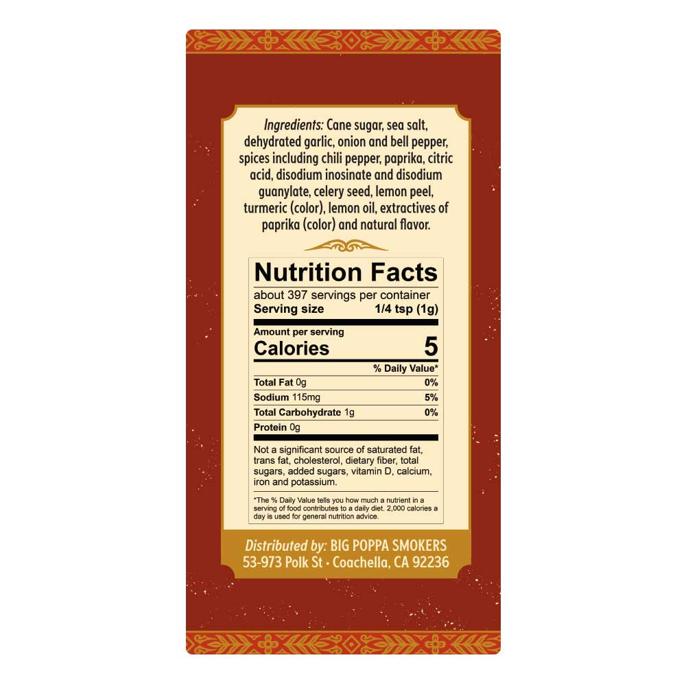 Label detailing ingredients and nutrition facts for Money Seasoning. Includes cane sugar, sea salt, dehydrated garlic, and various spices, surrounded by a decorative border in red and yellow on an orange background.