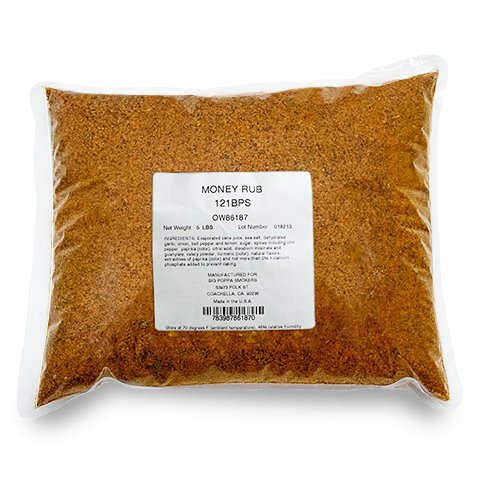 A clear plastic bag filled with a brown and orange barbecue spice mix, labeled 'Money Rub' with a barcode and ingredients list visible.