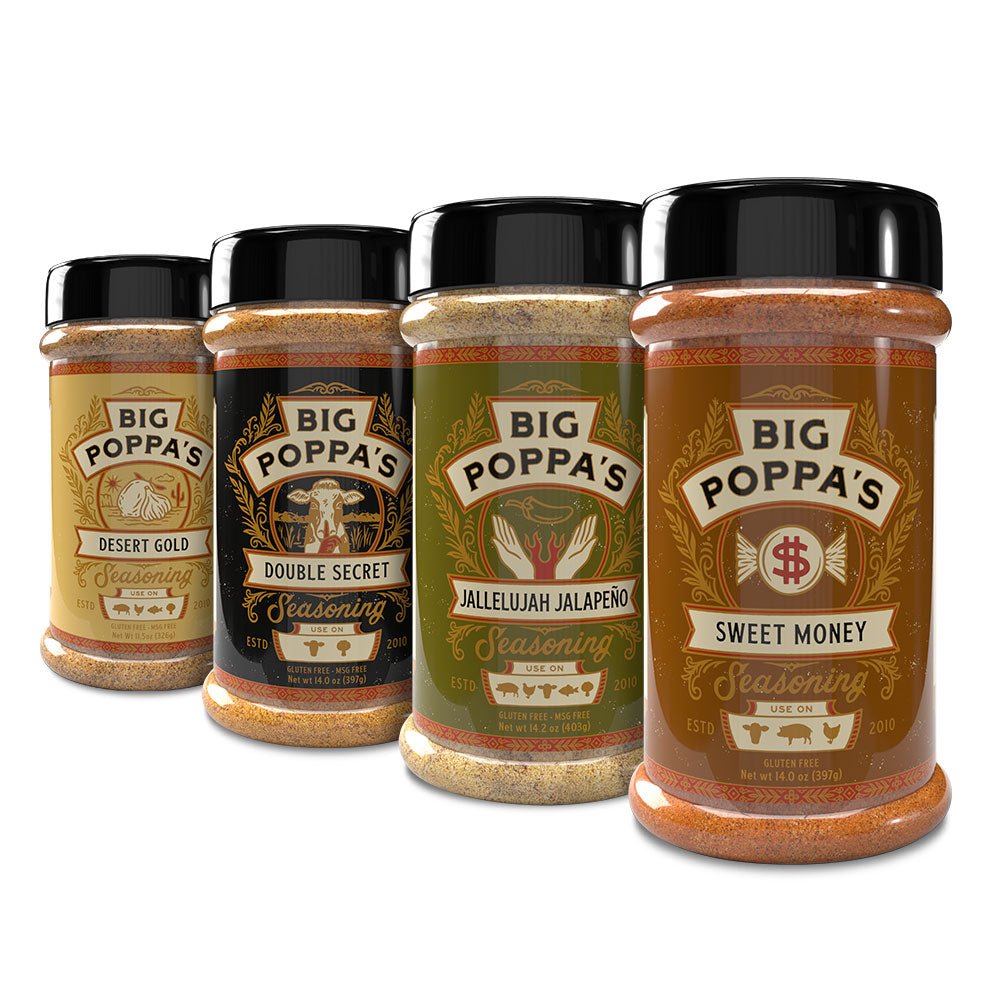 Four jars of Big Poppa's seasoning arranged in a row. Each jar has a distinct label design and flavor: Desert Gold, Double Secret, Jallelujah Jalapeño, and Sweet Money.