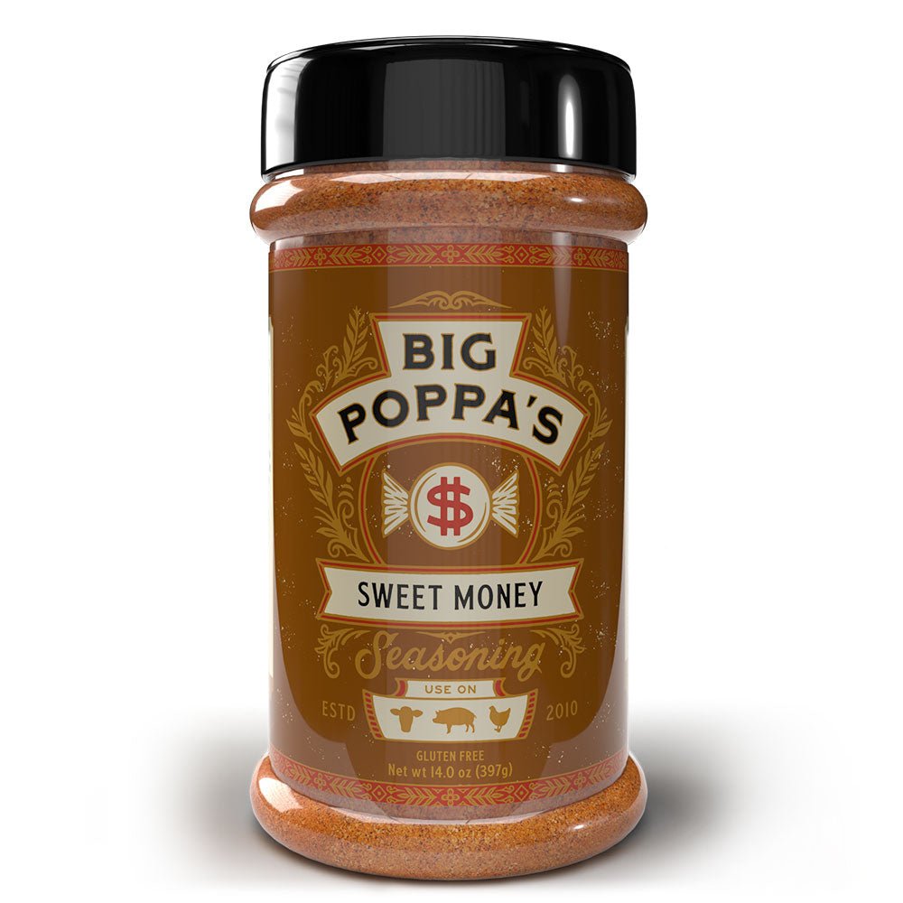 Big Poppa's Sweet Money Seasoning bottle with red-orange label, dollar sign, 'Sweet Money' text, & visible granules.