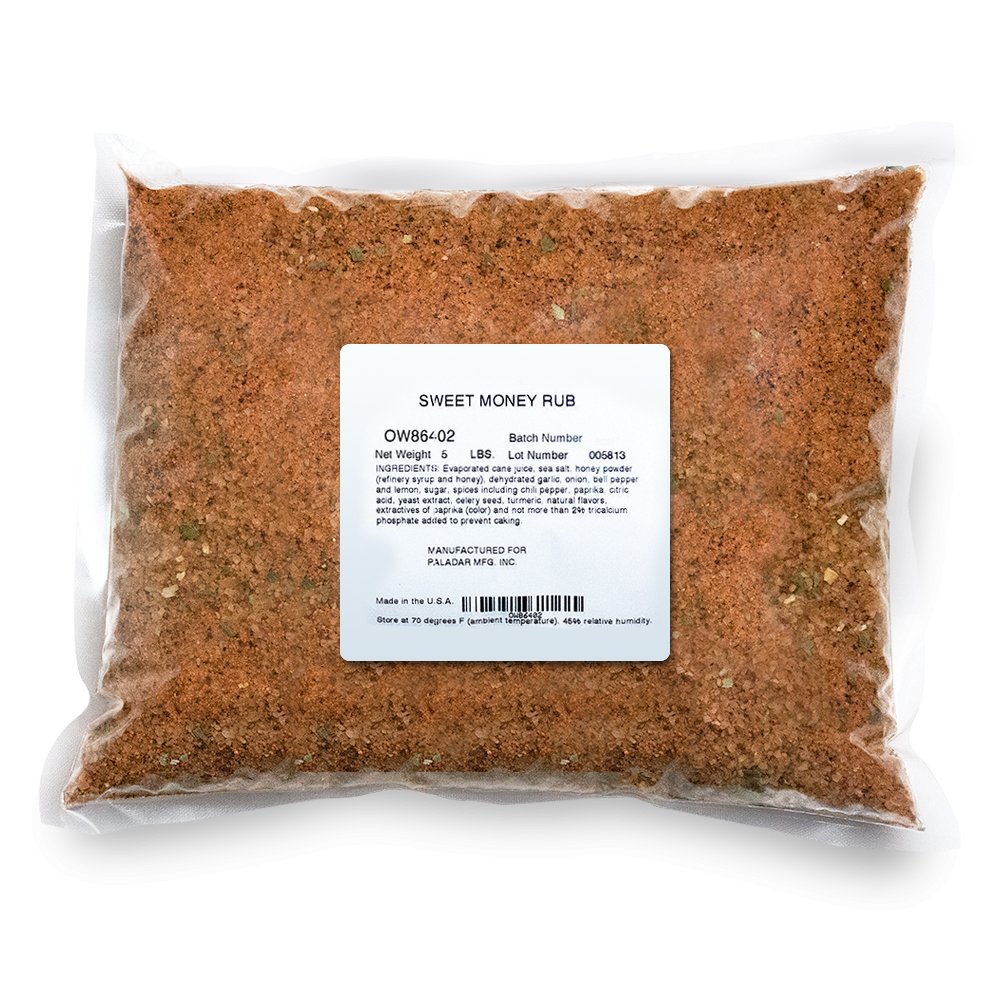 A commercial bag of Sweet Money Rub seasoning with label showing weight, batch number, and ingredients.