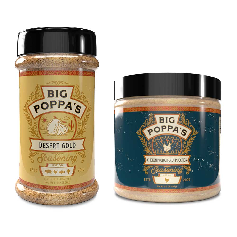 Big Poppa's Thanksgiving Bundle with two seasoning jars: "Desert Gold" in a tan jar for versatile seasoning options and "Chicken Prod Chicken Injection" in a blue jar for enhancing poultry flavor. Each jar has a detailed gold logo and design, with labels highlighting usage and gluten-free status.