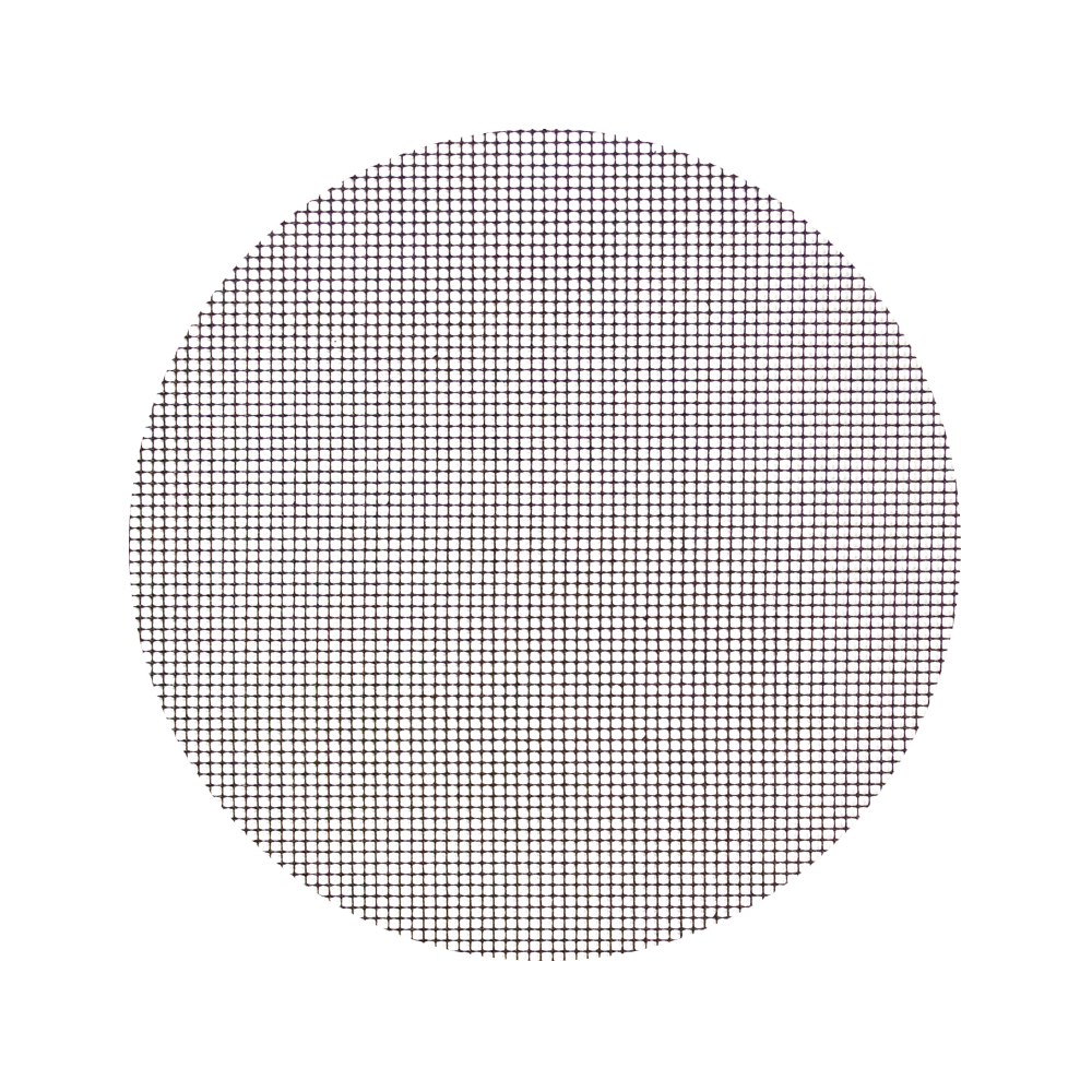 A circular barbecue grill mesh mat. The mat features a tightly woven, fine mesh pattern in white, designed to prevent food from slipping through while ensuring even heat distribution during grilling.