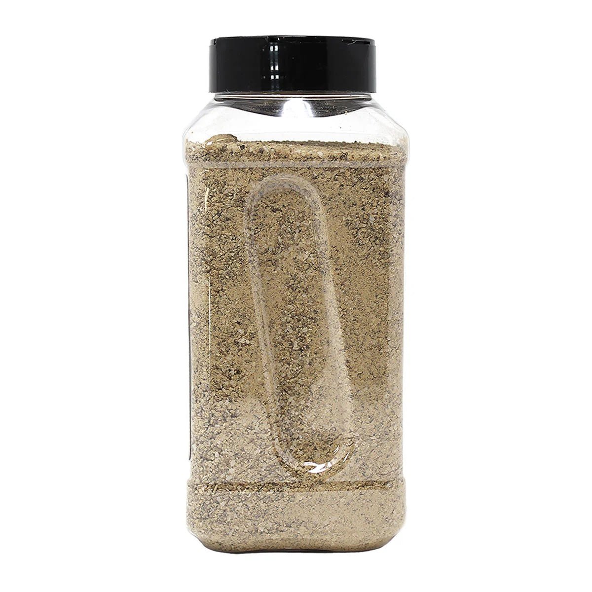 A clear plastic jar with a black lid, filled with a coarse, light brown seasoning blend. The jar is plain with no visible label.