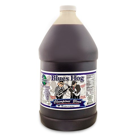 Gallon jug of Blues Hog Champion's Blend BBQ sauce.