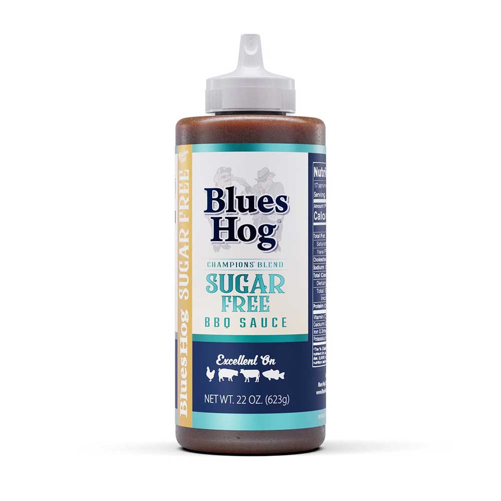 Blues Hog Sugar Free BBQ Sauce, 22 oz, Champions’ Blend, labeled "Excellent On" chicken, pork, and more.