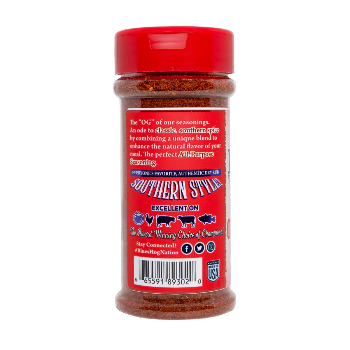 The back of a jar of Blues Hog Original Dry Rub Seasoning with a red lid. The label describes the seasoning as the 'OG' of their seasonings, an ode to classic southern spice, ideal as an all-purpose seasoning. The label also highlights that it is excellent on various meats, and it includes social media contact information.