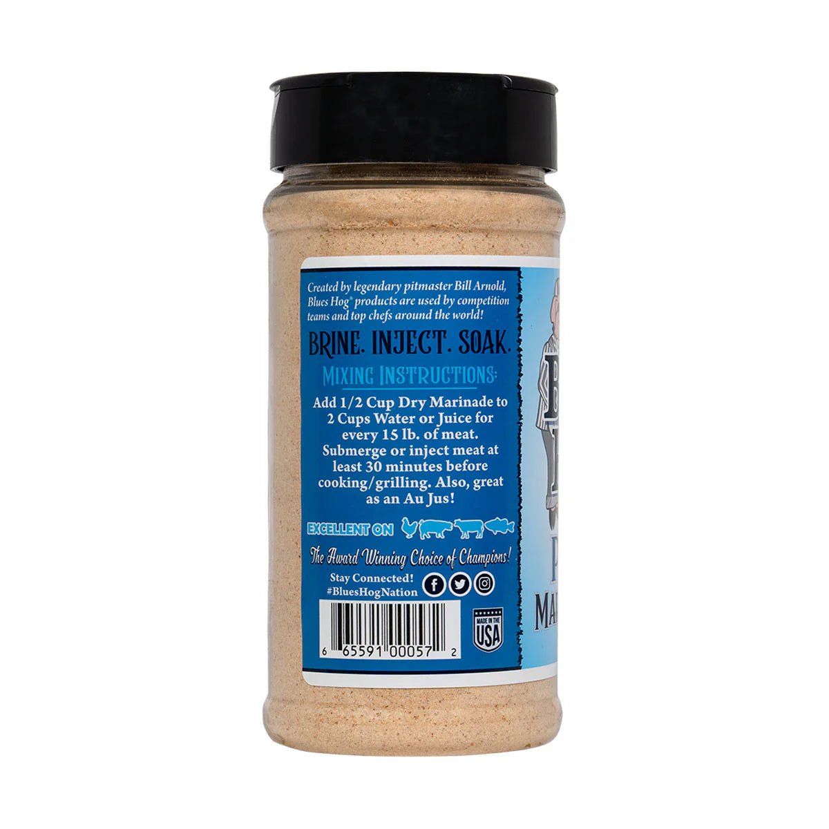 The back of a jar of Blues Hog Pork Marinade Mix with a black lid. The label provides mixing instructions, suggesting to add 1/2 cup dry marinade to 2 cups water or juice for every 15 pounds of meat, and to submerge or inject the meat at least 30 minutes before cooking or grilling. The label also mentions that it is excellent on various meats and includes social media contact information.