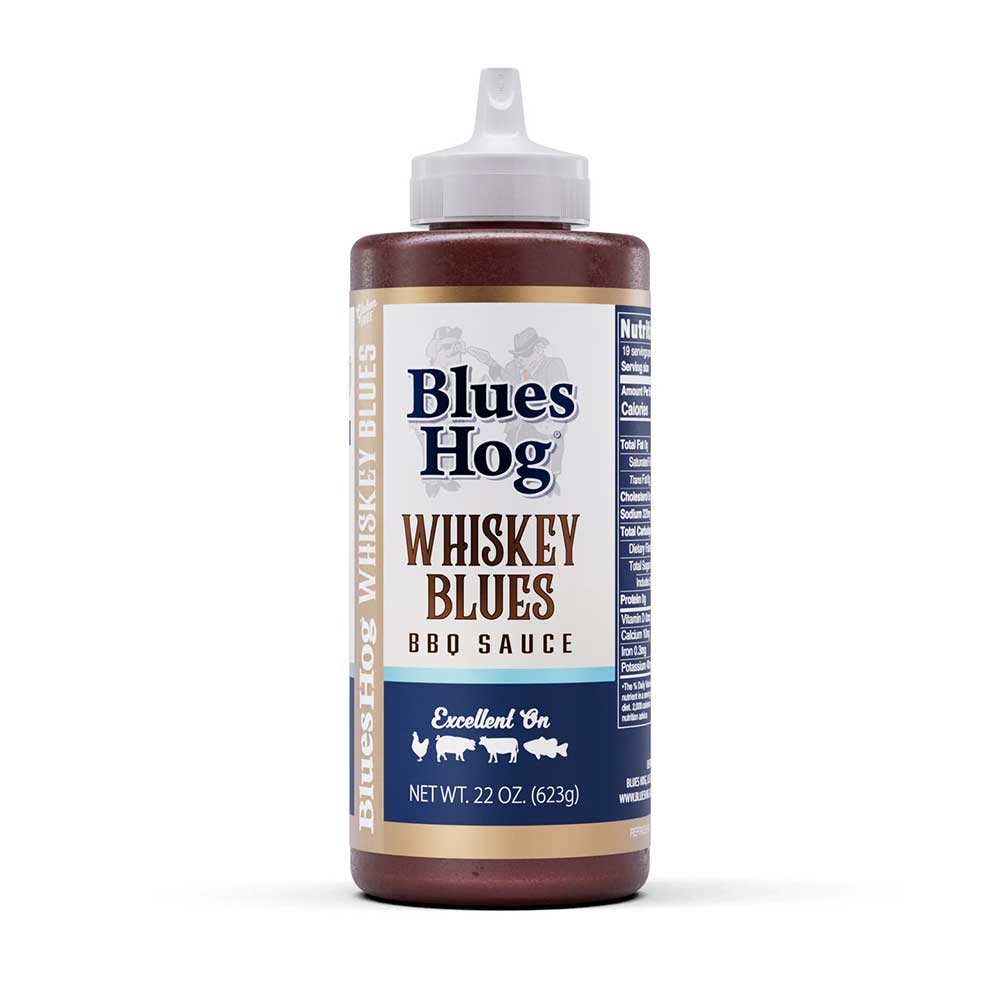 Blues Hog Whiskey Blues BBQ Sauce, 22 oz bottle, labeled "Excellent On" beef, pork, and poultry.