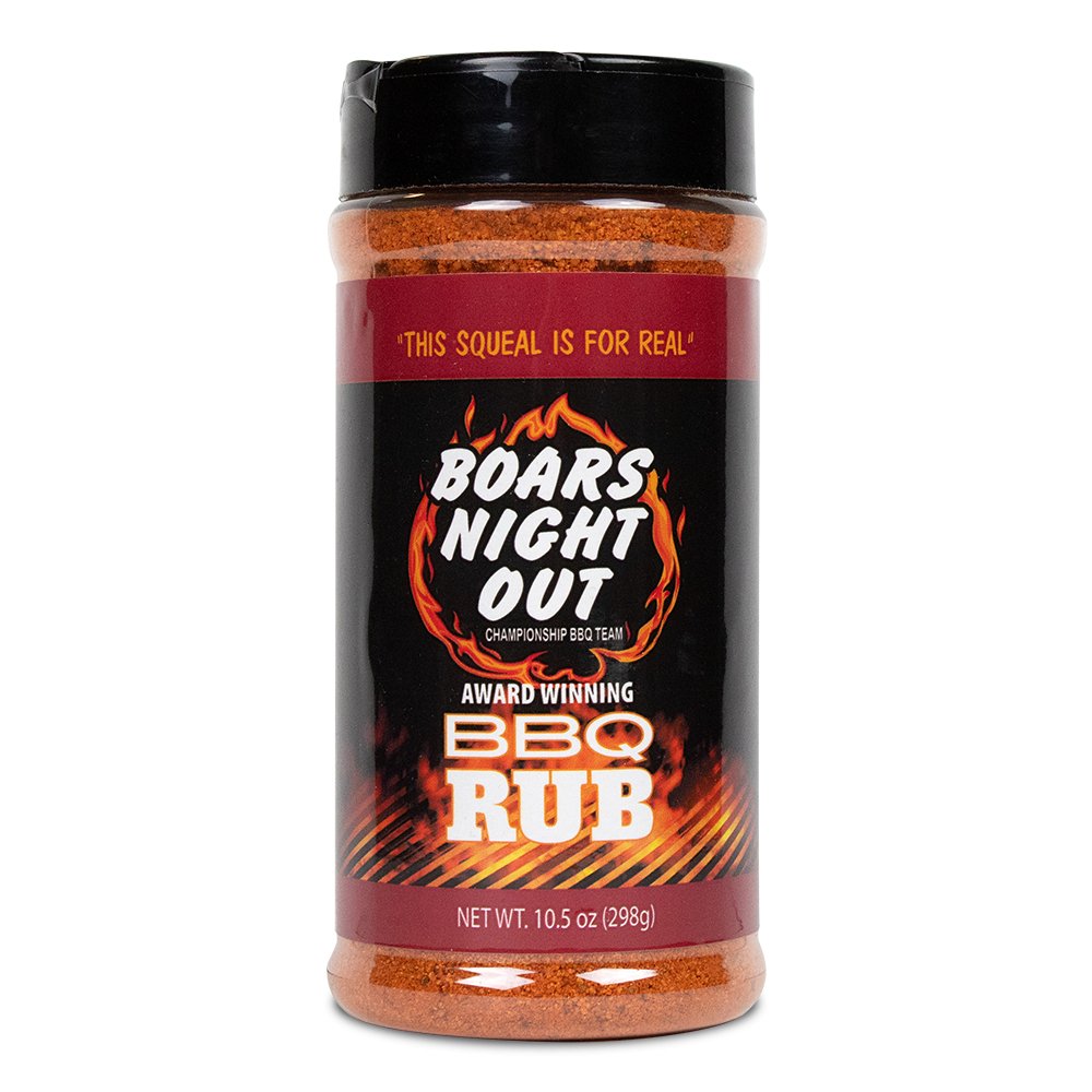 The front of a jar of Boars Night Out BBQ Rub with a black lid. The label features the text 'This Squeal is for Real' at the top, followed by the Boars Night Out logo with a flaming design. Below, the label reads 'Award Winning BBQ Rub' and indicates the net weight of 10.5 ounces (298 grams). The overall design is black and red, with flames at the bottom.